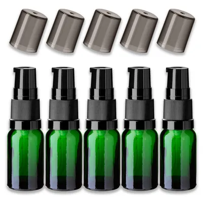 Produktbild von 5x Grüne Glasflasche 10 ml mit schwarzer Pumpe Dispenserpumpe leer Set