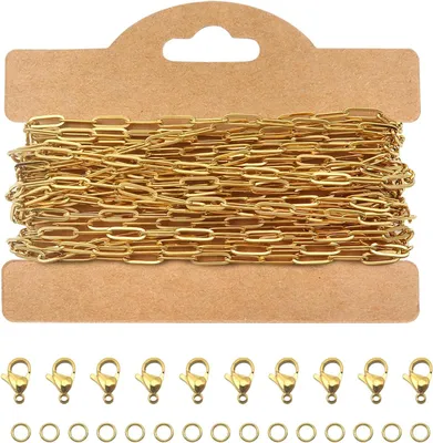 Imagen del producto de Cadena de acero inoxidable tipo "Gouden Schakelketting", con forma de clip, vendida por metro. Dimensiones: 3 x 9 mm. Incluye anillas y cierres de mosquetón para la creación de joyería artesanal