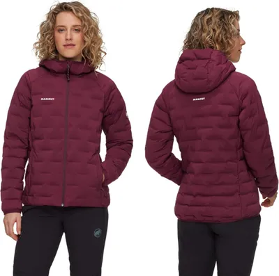 A woman is shown wearing a burgundy hooded jacket, with a second image showing the back of the jacket.