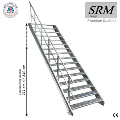 Produktbild von 16 Stufen Stahltreppe einseitigem Geländer Breite 100 cm Geschosshöhe 274-340cm