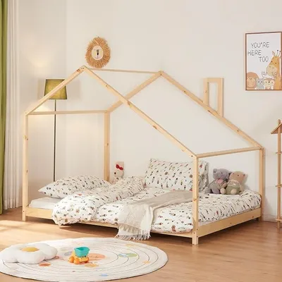 Produktbild von Kinderbett Siuntio Kleindkindbett in Haus-Optik Bodenbett Montessori Bett Hausbett Bettgestell aus Kiefernholz Abenteuerbett 140x200cm Natur