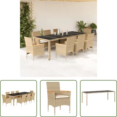 Image de The Living Store 9-pièces salon de jardin avec coussins Beige Poly rotin verre