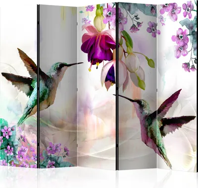 Produktbild von 5-teiliger Doppelseitiger Vlies Paravent - Hummingbirds and Flowers II 225x172 cm b-C-0188-z-c