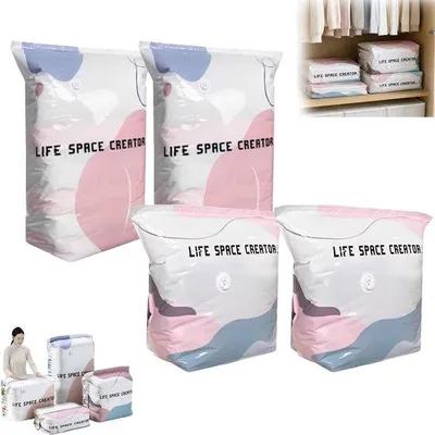 Produktbild von 4 Stück Vakuumbeutel ohne Pumpe - M+L - wiederverwendbare - Platz sparen - für Kleidung, Bettdecken, Decken - 50x70x30 cm/80x100x38 cm