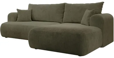 Image de Selsey Ovo Cord - Canapé d'angle avec fonction sommeil, coffre de lit, tissu velours côtelé, droite, vert olive