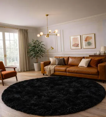 Productafbeelding van Rond vloerkleed 150 cm, zwart, hoogpolig, wasbaar, antislip, zacht, voor woonkamer
