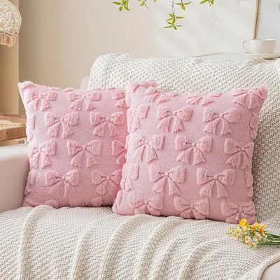 2 Kissenbezüge 45x45 cm, rosa Plüsch mit Schleifenmuster, weich