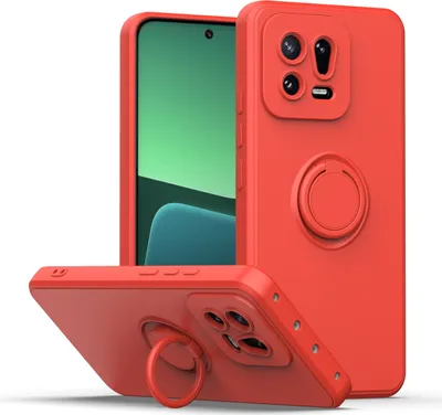 A red phone case with a ring holder is shown from two angles against a white background.