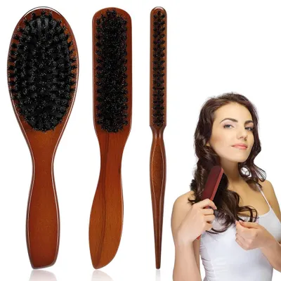 Produktbild von Wildschweinborsten Bürste,3 Stück Haarbürste Wildschweinborsten,Naturborsten Bürste für dünnes, Friseur Kammkamm Kamm für Verbesserung der Haartextur,Haarentwirrung und Detangling
