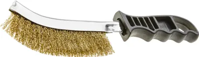 A wire brush with a black handle against a white background.