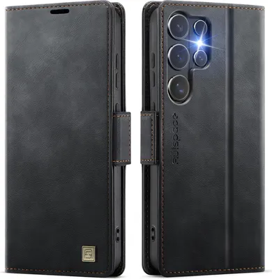 Produktbild von Lederhülle für Samsung Galaxy S26 Ultra, RFID Schutz Handyhülle mit Magnetverschluss, Kartenfächern und Ständer Schwarz