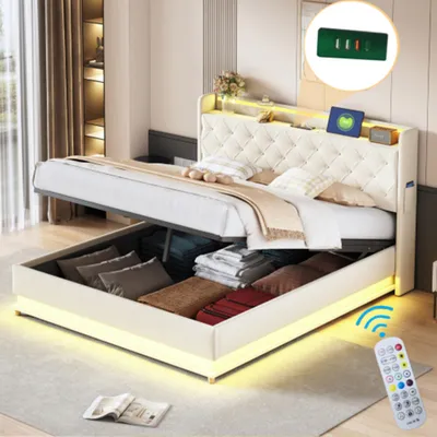 Produktbild von LED Polsterbett mit USB-Ladeanschluss und Hydraulischer Lagerung, Funktionsbett Leinenstoff 160*200cm
