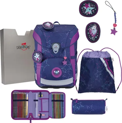 A collection of school supplies including a backpack, pencil case, and other accessories, all with a star theme.