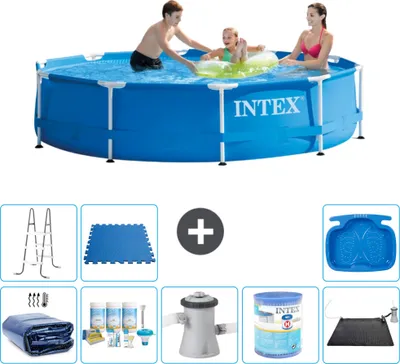 Produktbild von Intex-Schwimmbecken mit rundem Rahmen – 305 x 76 cm – Blau – im Lieferumfang enthalten Sonnensegel - Wartungspaket - Filterpumpe für Schwimmbad - Filter - Solarmatte - Leiter
