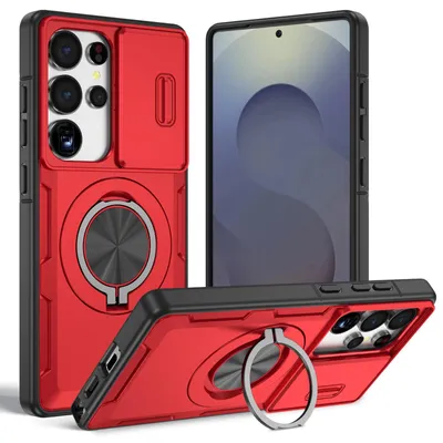 Obrázek produktu pro Magnetické pouzdro pro Samsung Galaxy S25 Ultra, ochranné pouzdro s ochranou fotoaparátu a kroužkovým stojánkem Červená