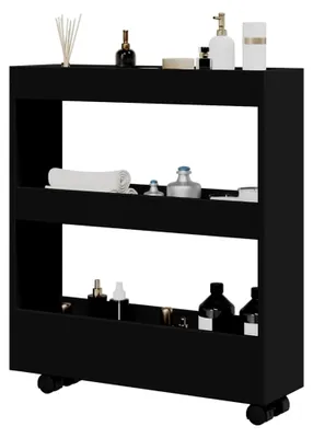 Produktbild von Schmaler Küchenwagen, 3 Ebenen, 60 x 18 x 70 cm, Schwarz, Holzwerkstoff