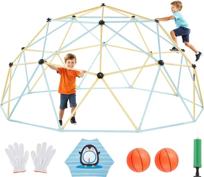 Zdjęcie produktu dla VEVOR kopuła wspinaczkowa geometryczna rama wspinaczkowa z 2 piłkami do koszykówki i siatką (305 cm), rama wspinaczkowa o nośności 453 kg, sprzęt wspinaczkowy dla dzieci od 3 do 10 lat zabawki ogrodowe plac zabaw