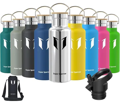 Produktbild von Edelstahl Trinkflasche 350ml-1L Auslaufsicher BPA-Frei mit 2 Deckeln Thermoskanne