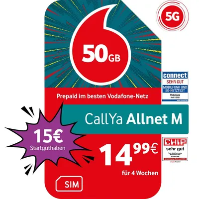 Produktbild von Vodafone Prepaid CallYa M | 50 GB | 15 EUR Guthaben | ohne Vertrag | 5G | Allnet Flat | EU-Roaming | weltweit nutzbar