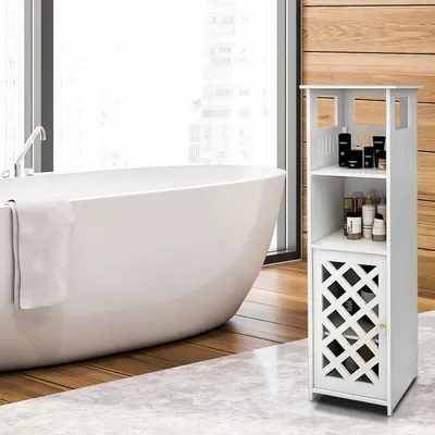 Image de Armoire de salle de bain d'angle avec porte et étagères, dimensions 78x22x22 cm, couleur blanche