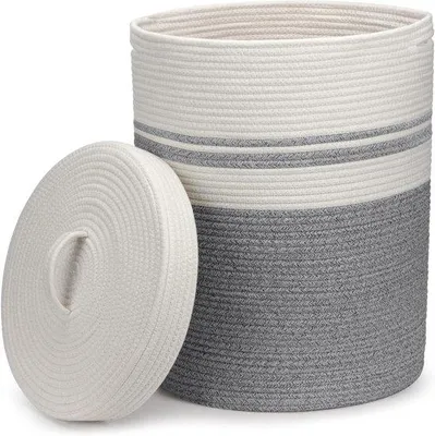 Image de Coffre à linge pliable avec couvercle - Panier à linge tressé - Gris - 37 x 52 cm