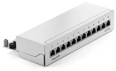 Produktbild von deleyCON CAT 6a Patchpanel Verteilerfeld 12 Port RJ45 - Lichtgrau – Größe 12 Port - Wandmontage, Grau (RAL 7035 Lichtgrau)