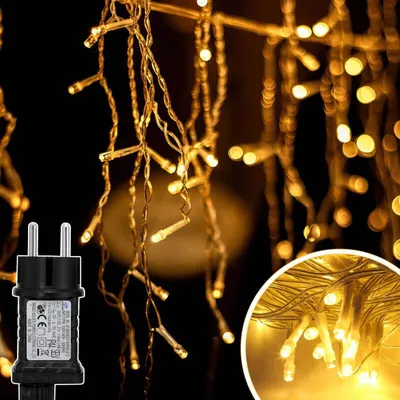 Immagine prodotto di Jayseuw 15M 400LEDs pioggia di ghiaccio fata luci bianco caldo, tenda luce finestra con 8 modalità IP44 impermeabile, illuminazione di Natale festa balcone giardino decorazione