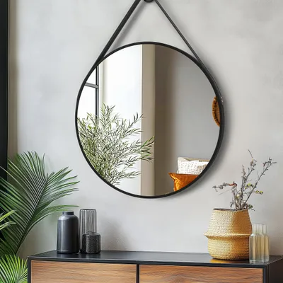 Productafbeelding van WISFOR Decoratieve spiegel, 60 cm, wandspiegel met ophangkabel, veiligheidsglas, voor wandmontage, ronde wandspiegel voor de slaapkamer