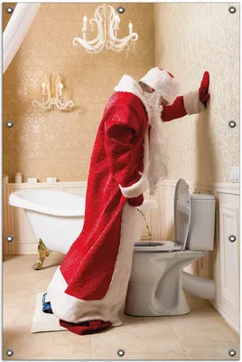 Produktbild von Wallario Outdoor-Poster für Garten oder Balkon, Motiv Weihnachtsmann macht Pause und pinkelt auf edler Toilette, in ca. 100 x 150 cm