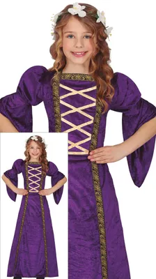 Productafbeelding van Prinsessenkostuum, middeleeuws, paars, sprookjeskostuum, bloemenkrans, voor kinderen, carnaval, fantasie, avontuur, koninklijk, elegant, maat: 140/146, kleur: lila
