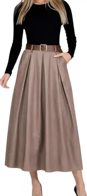 Produktbild von 405_Mississhop Damen A-Linien Rock mit Gürtel und Metallschnalle Taupe