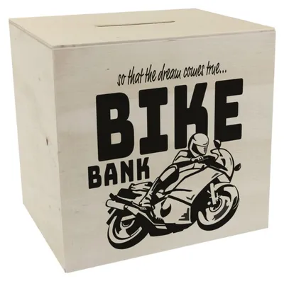 Produktbild von Schwarze Spardose aus Holz mit dem Motiv des Kaufs und Fahrens eines Motorrads, ein ideales Geschenk für sparsame Menschen.