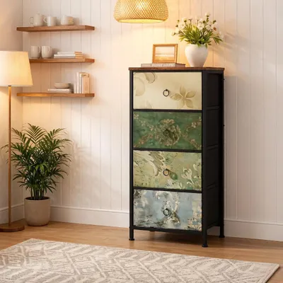 Produktbild von Aufbewahrungsschrank Vintage 4 Stoffschubladen 45x94,5x30cm Rustikale Kommode mit Metallrahmen Industrie-Design Beistellschrank Belastbar 40kg