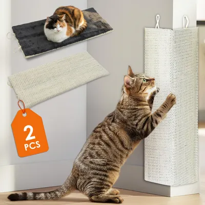 Produktbild von Kleines Katzen Kratzbrett mit 2 Seiten - 2er Pack - ca. 50 x 22 cm - Natur Sisal mit Plüsch in grau (2 Stück)