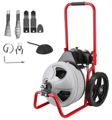 Produktbild von Rohrreinigungsmaschine φ9,5 mm x 22 m, Reinigungsspirale mit Manueller Zufuhr, 6 Schneidwerkzeugen & Pneumatischem Fußschalter, Rohrreiniger für Rohrdurchmesser von 50 mm bis 100 mm
