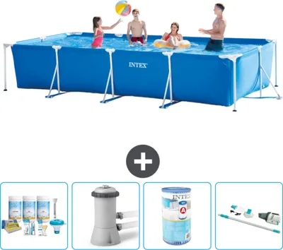 Produktbild von Intex-Schwimmbecken mit rechteckigem Rahmen – 450 x 220 x 84 cm – Blau – im Lieferumfang enthalten Wartungspaket - Filterpumpe für Schwimmbad - Filter - Staubsauger