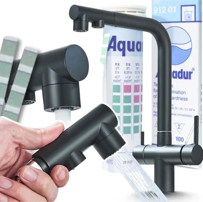 Produktbild von 3-Wege Küchenarmatur Venom mit Wasserfilter-Anschluss, herausziehbare Brause, 360° schwenkbar, getrennte Wasserwege, Keramikkartusche Schwarz-Matt