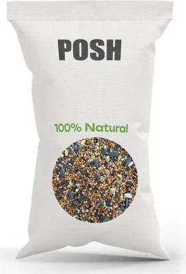 A white bag of birdseed with the brand name 'POSH' and '100% Natural' printed on it, along with a circular image of the birdseed mixture.