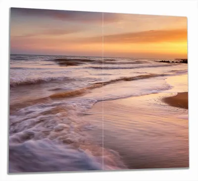 Produktbild von Wallario Herdabdeckplatte aus Glas, Größe 60 x 52 cm 2-teilig, Motiv Sonnenuntergang am Strand - Abendspaziergang
