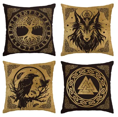 4 Kissenbezüge Wikinger-Runen Odin Lebensbaum 40x40 cm