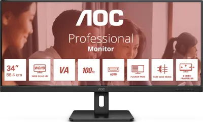 Produktbild von AOC E2 U34E2M/BK, 86,4 cm (34"), 3440 x 1440 Pixel, UltraWide Quad HD, LED, 4 ms, Schwarz