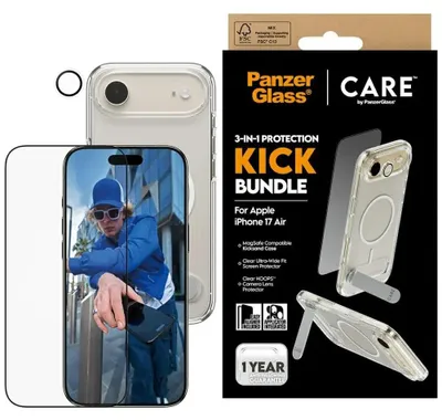 Image de PanzerGlass ® | CARE by ® 3-in-1 Kick Set iPhone Air, Apple, Apple - iPhone Air, Application sèche, Résistant aux rayures, Résistant aux chocs, Transparent, 1 pièce(s)