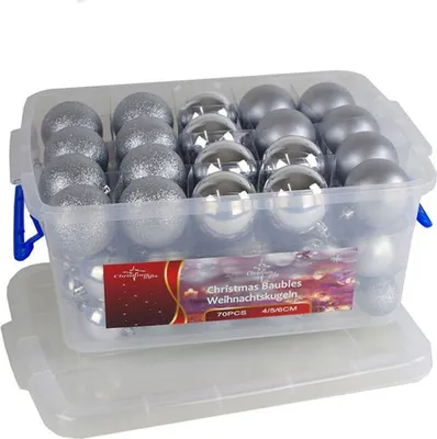 Obrázok produktu pre Sada guľôčok na vianočný stromček 70 kusov v úložnom boxe Dekoratívne guľôčky na vianočný stromček, farba: strieborná