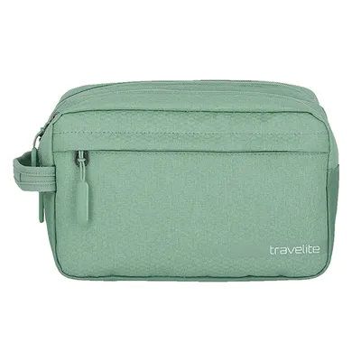A green toiletry bag on a white background.