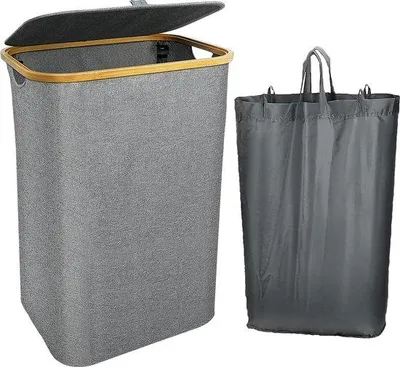 Productafbeelding van Famanu wasmand 100 liter met deksel - bamboe, inklapbaar, met afneembare waszakken