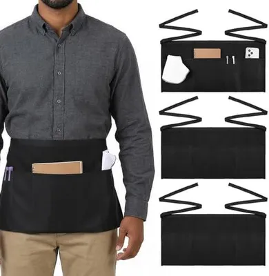 Produktbild von 3 Stück kurze Kellnerschürzen, 60×30 cm, schwarze Servierschürzen mit 3 Taschen, elastische Kochschürzen für Restaurants, Cafés und Hotels