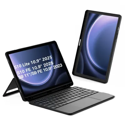 Two tablet cases with keyboards are shown against a white background. One is open, displaying the keyboard and screen with text.
