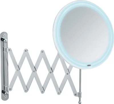 A wall-mounted, extendable makeup mirror with LED lighting.