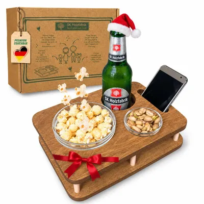 Produktbild von Couchbar Snackbox YOLO Eiche mit 2 Glasschalen - Getränkehalter für Sofa - Sofa Butler - Snackbar für die Couch - Couch Tablett mit Getränkehalter