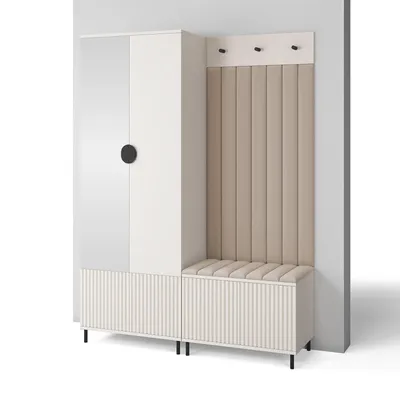 Produktbild von Garderoben-Set Ritmo Version 1 –gefräster Kleiderschrank mit Spiegel, mit hohen Füßen, gepolsterte Wandpaneele, , für den Flur (cashmere, Trinity 02)
